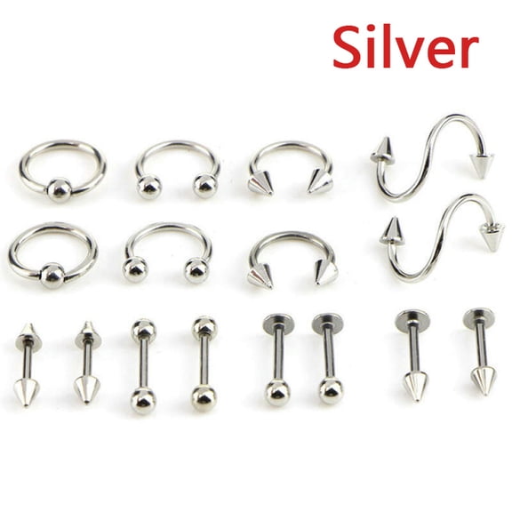 QQTDFG 8/16 Pcs Stainless Steel Mixed Piercing Set Eyebrow Lip Nose Ear Nipple Piercing-Silver-16 Pcs