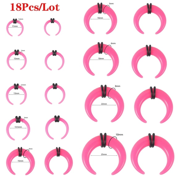 QQTDFG 8/18Pcs Acrylic Nose Rings C Shape Buffalo Septum Piercing Ear Stretching Kit-Pink-18pcs-14g (1.6 mm)-00g (10.0 mm)