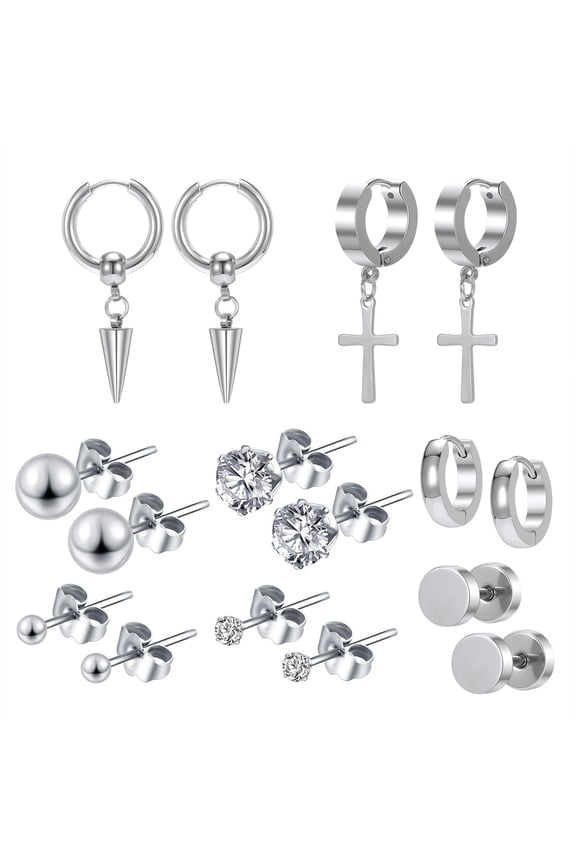 8-9 Pairs Stainless Steel Stud Earrings Black Punk Cross Earring Helix Piercings-Silver-8 Pairs