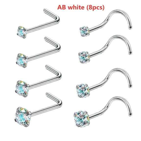 QQTDFG 8 Pcs/lot Stainless Steel Nose Stud Piercing Crystal Nose Rings Nostril Piercing-AB white (8pcs)