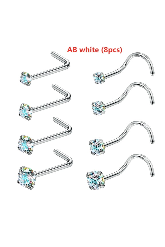 8 Pcs/lot Stainless Steel Nose Stud Piercing Crystal Nose Rings Nostril Piercing-AB white (8pcs)