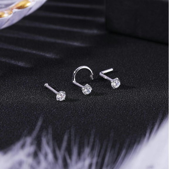 QQTDFG 8Pcs/Lot 925 Sterling Silver Nose Studs CZ I/L/S-Shape Nostril Piercing Jewelry-Silver-S Shape 18G