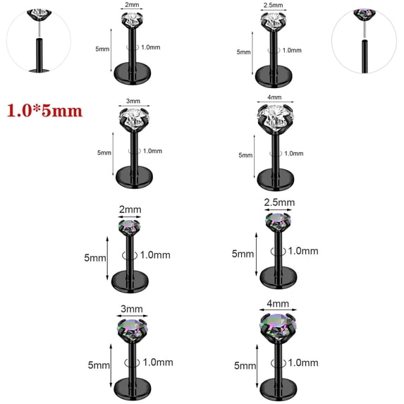 QQTDFG 8Pcs/Lot Surgical Steel Labret Studs CZ Stud Earring Lip Monroe Piercing 18g/20g-18g (1.0 mm) * 5mm