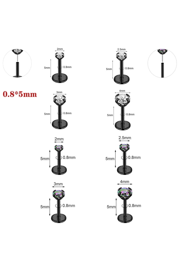 8Pcs/Lot Surgical Steel Labret Studs CZ Stud Earring Lip Monroe Piercing 18g/20g-20g (0.8 mm) * 5mm