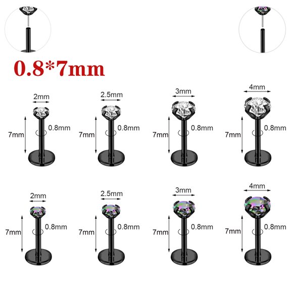 QQTDFG 8Pcs/Lot Surgical Steel Labret Studs CZ Stud Earring Lip Monroe Piercing 18g/20g-20g (0.8 mm) * 7mm