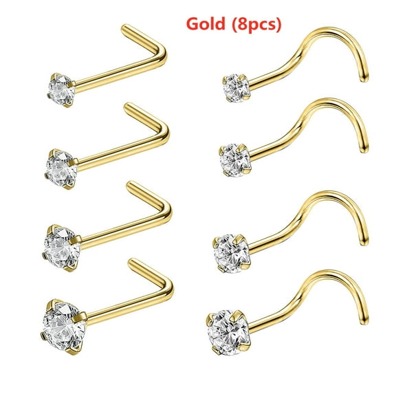 QQTDFG 8Pcs/lot 20G Stainless Steel Nose Studs L/S Shape Round Zircon Nostril Piercing-Gold (8pcs)