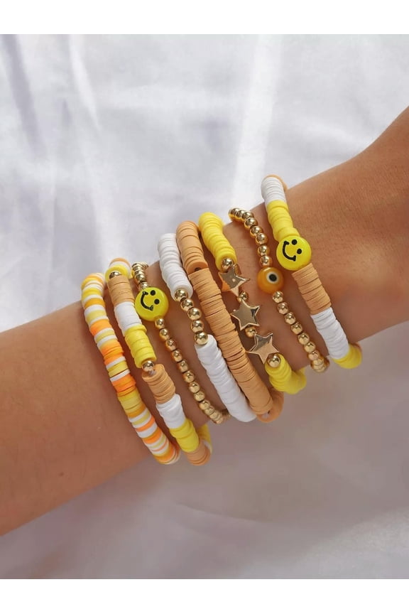 8pcs/set Expression Detail Yellow Beaded Bracelet Creative Jewelry Stackable-default