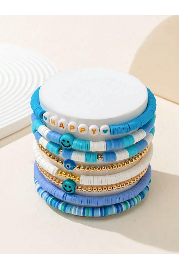 8pcs/set Expression Smily Face Blue Beaded Bracelet Women Bracelet Stackable-default