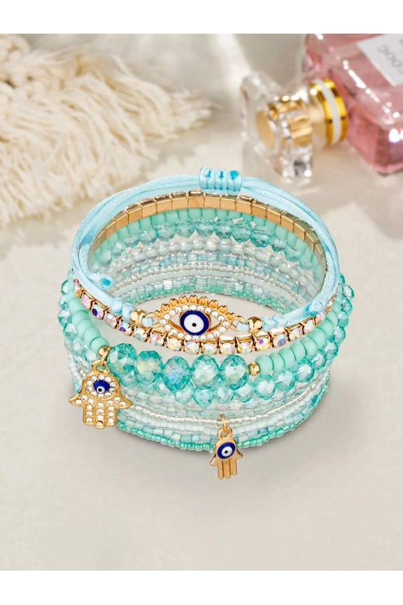 8pcs/set Eye Detail Hamsa Hand Charm Mint Blue Beaded Bracelet Women Bracelet-default