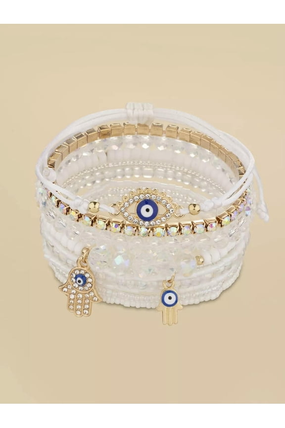 8pcs/set Eye Detail Rhinestone Hamsa Hand Charm White Beaded Bracelet-default