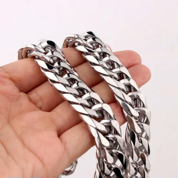 QQTDFG 9/11/13/16/19/21mm Heavy Polished Stainless Steel Chain Cuban Curb Necklace Gift-Silver-16mm-32inch or 81cm