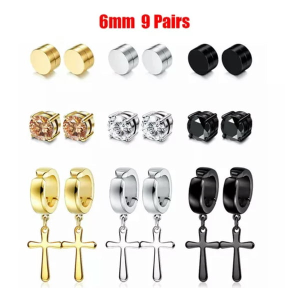 QQTDFG 9 Pair Cross Hoop Stud Earrings for Men Women Stainless Steel Non Piercing Fake-9 Pair 6mm