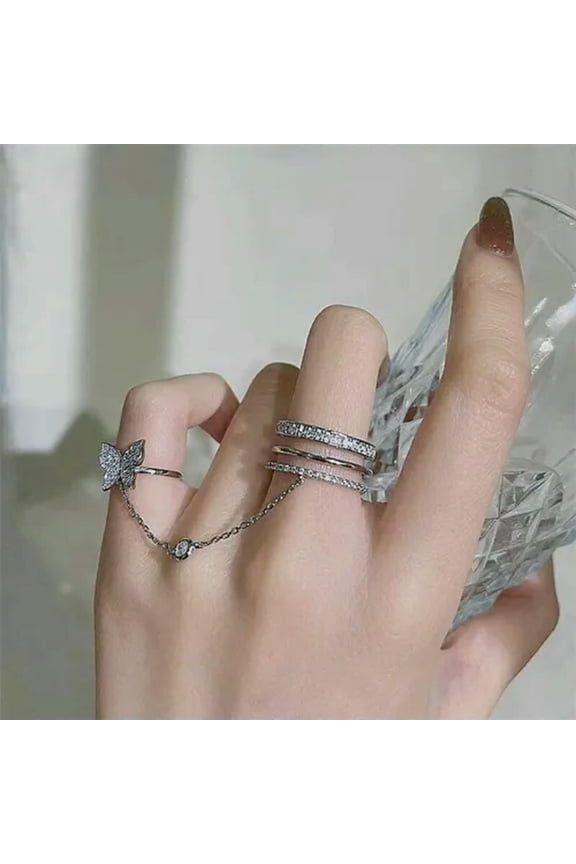 925 Silver Butterfly Zircon Finger knuckles Chain Open Rings Jewelry Women Gift-#1