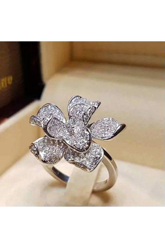925 Silver Leaf Flower Rings Women Gorgeous Cubic Zirconia Jewelry Adjustable-#7-7