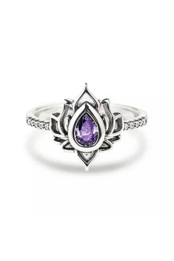 925 Silver Plated Women Lotus Flower Rings Pear Zircon Crystal Ring Jewelry-#4-8