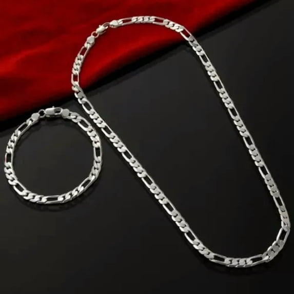 QQTDFG 925 Sterling Silver 4mm Chain Set Bracelet & Necklace Jewelry For Men And Women-70CM & 20CM