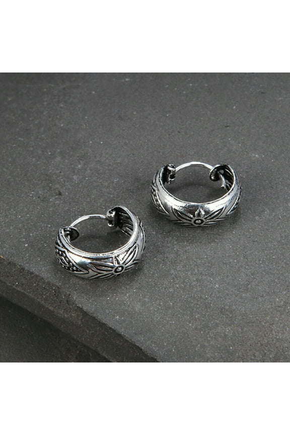 925 Sterling Silver Bali Flower Hoop Earrings A4201-default