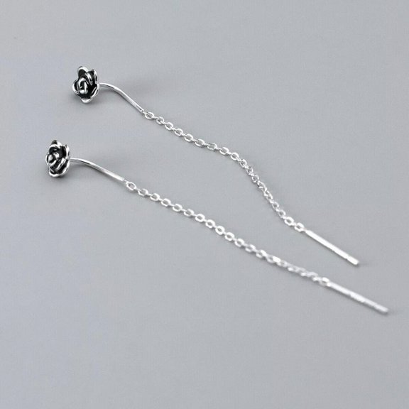 QQTDFG 925 Sterling Silver Bali Flower Threader Ear Thread Pull Through Earrings A4515-default