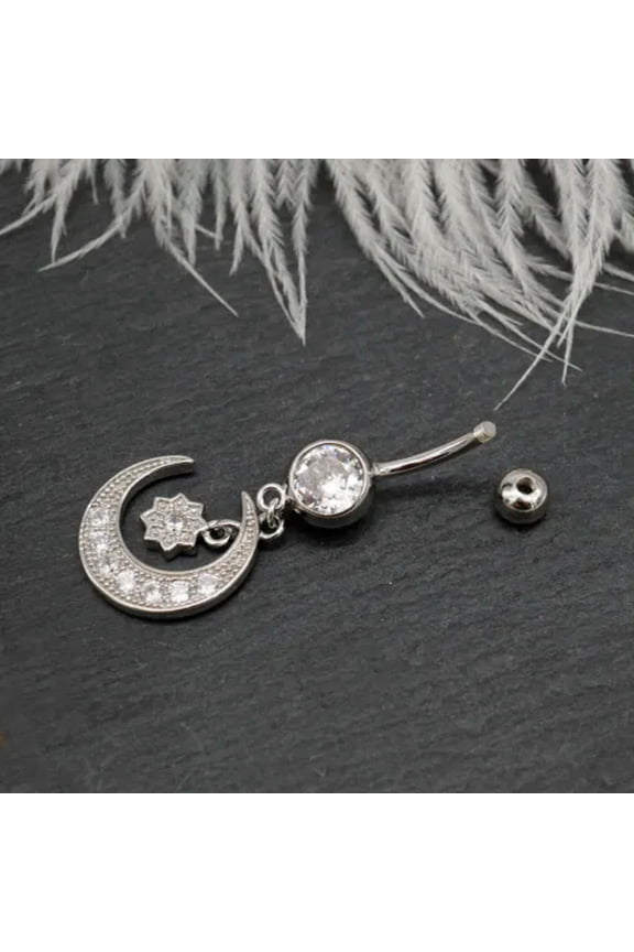 925 Sterling Silver Barbell Moon Crystal Belly Button Navel Ring Piercing A4401-8 mm