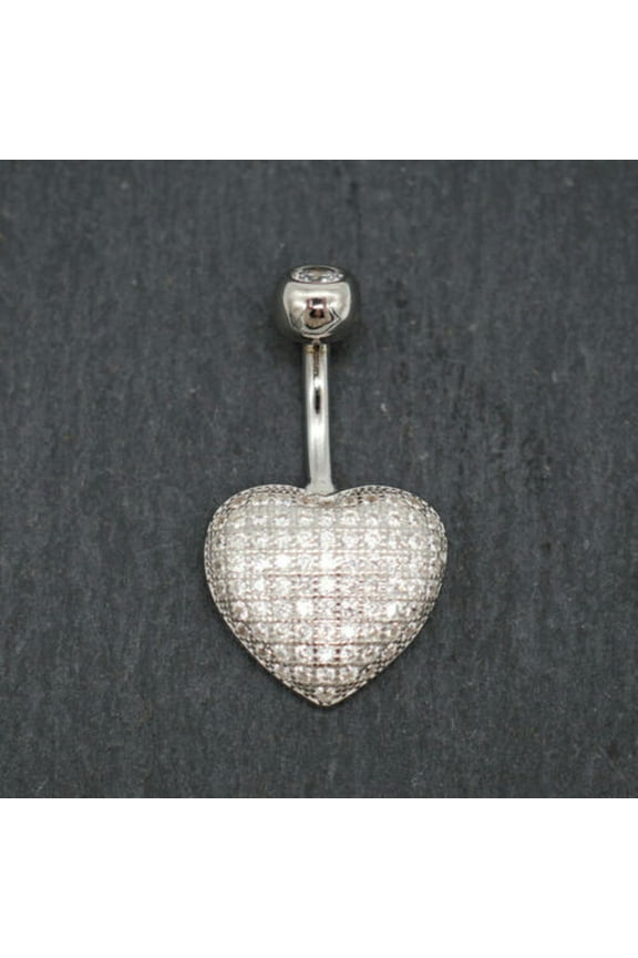 925 Sterling Silver Belly Bar Button Navel Ring Heart CZ Crystal Piercing A4024-6mm
