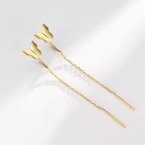 QQTDFG 925 Sterling Silver Butterfly Threader Thread Ear Through Drop Earring A4441-Gold