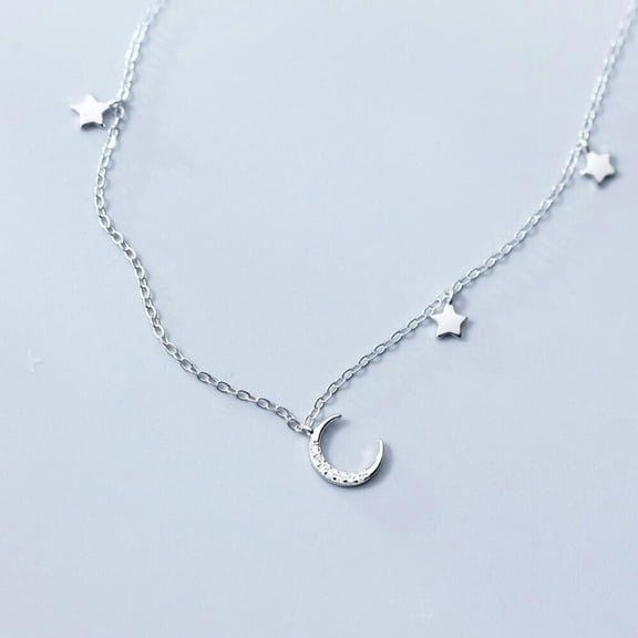 QQTDFG 925 Sterling Silver CZ Moon Stars Charm Choker Necklace A2449-default