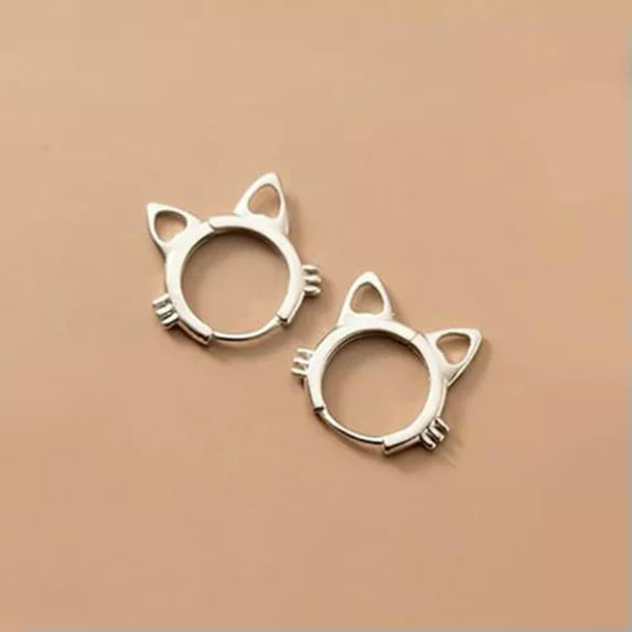 QQTDFG 925 Sterling Silver Cat Huggie Hinged Hoop Earrings A4055-Silver