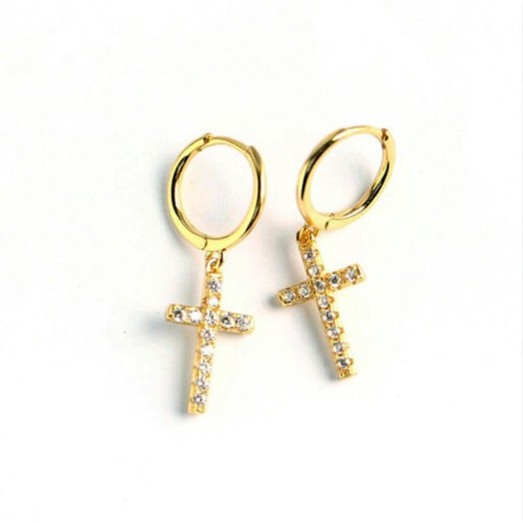 QQTDFG 925 Sterling Silver Cross Charm Huggie Hoop Dangle Drop Earrings A1527-Gold