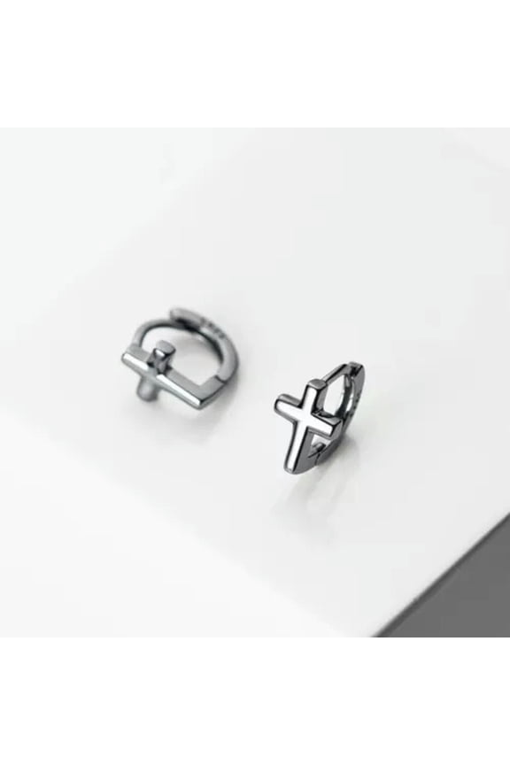 925 Sterling Silver Cross Huggie Hoop Earrings Jewelry A1194-Black