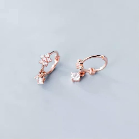 QQTDFG 925 Sterling Silver Cute Flower Drop CZ Small Hoop Earrings A1424-B-Rose Gold