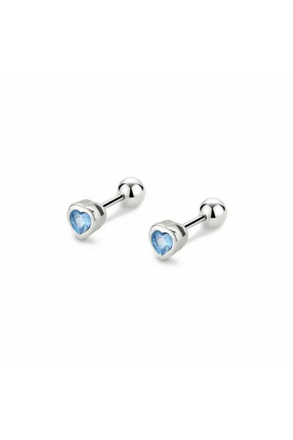 925 Sterling Silver Cute Heart CZ Screw Back Stud Earrings A4171-A - Light Blue