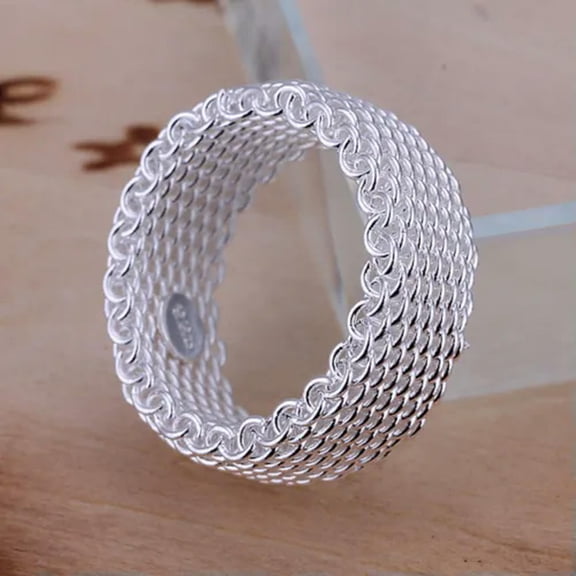 QQTDFG 925 Sterling Silver Flexible Band Plain Mesh Plated Ring B2-9