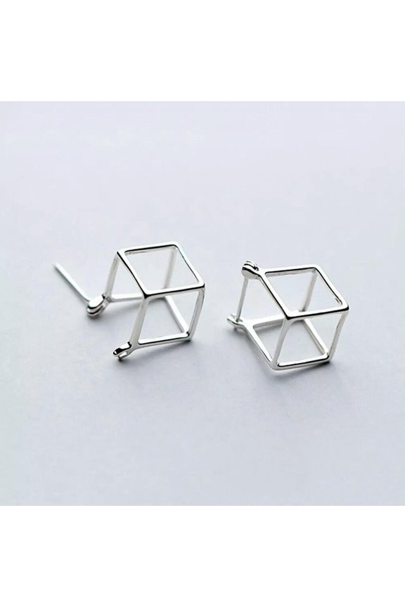 925 Sterling Silver Hollowed Cube Square Hinged Hoop Earrings A1856-default