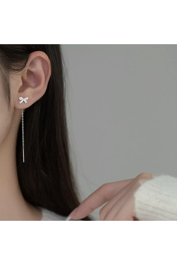 925 Sterling Silver Lovely Ribbon Bow CZ Threader Pull Through Earrings A4460-default