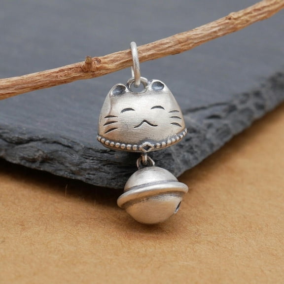 QQTDFG 925 Sterling Silver Luck Fortune Cat Charm Bell Pendant A2087-default