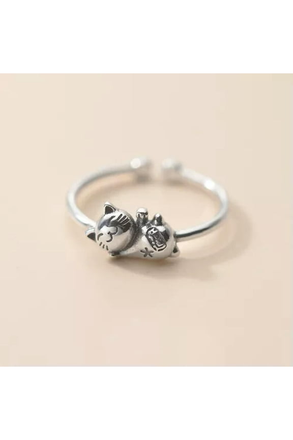 925 Sterling Silver Luck Fortune Cat Maneki-neko Open Thin Band Ring A3235-6 (adjustable)