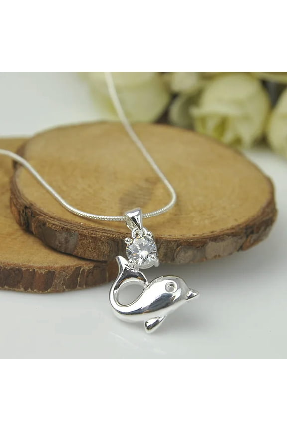 925 Sterling Silver Plated Fashion Women Dolphin Pendant Necklace Chain Jewelry-default