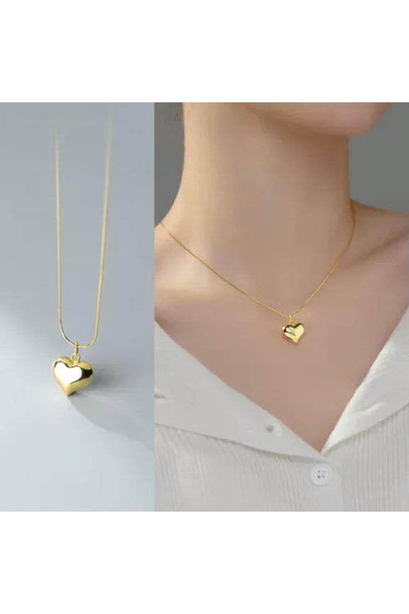 925 Sterling Silver Puffed Heart Pendant Necklace A2897-Gold