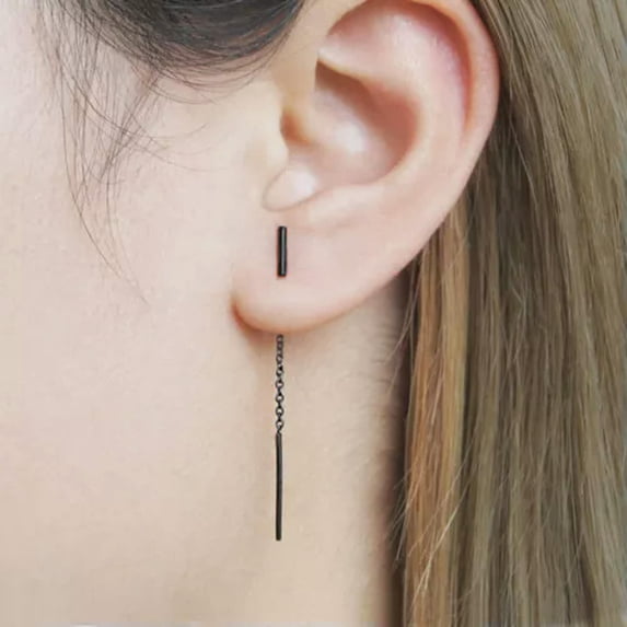 QQTDFG 925 Sterling Silver Simple Small Bar Threader Line Thread Earrings Women A1632-Black