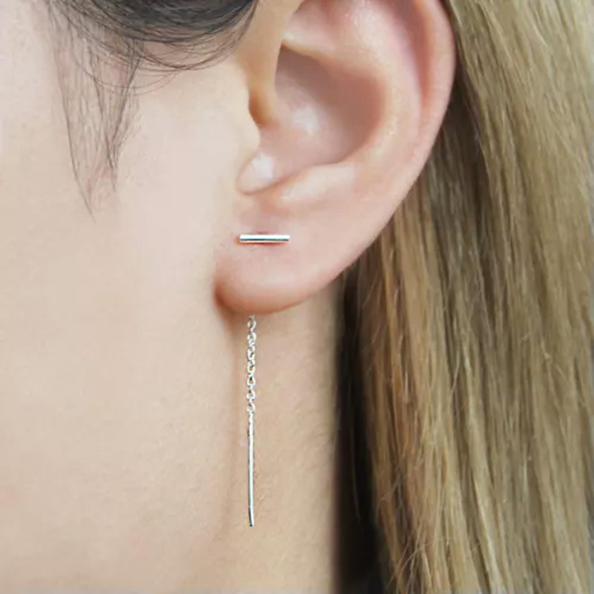 QQTDFG 925 Sterling Silver Simple Small Bar Threader Line Thread Earrings Women A1632-Silver