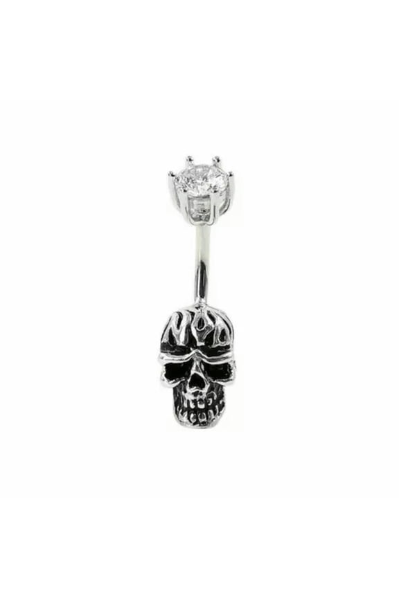 925 Sterling Silver Skull CZ Rock Belly Bar Button Navel Ring Piercing A1618-10mm