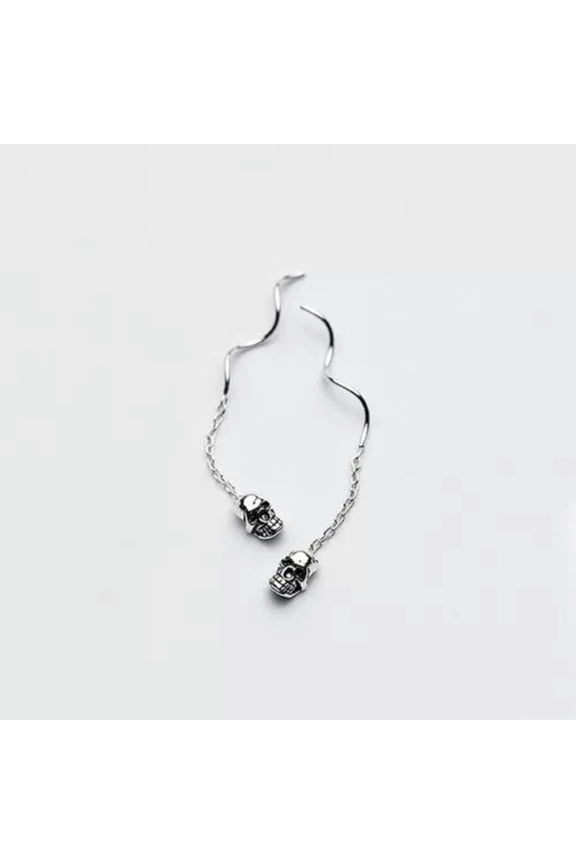 925 Sterling Silver Skull Skeleton Ear Threader Thread Through Earring A4438-Oxidized