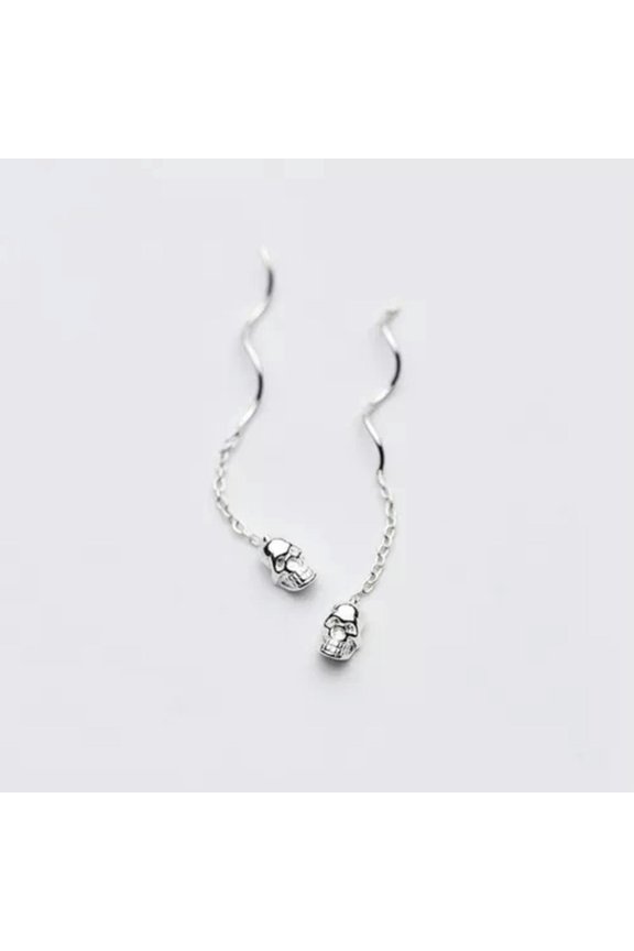 925 Sterling Silver Skull Skeleton Ear Threader Thread Through Earring A4438-Silver