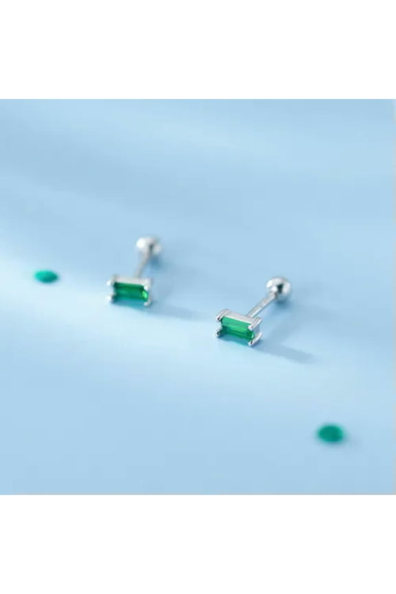 925 Sterling Silver TINY Square CZ Helix Tragus Screw Back Stud Earrings A1352-Silver with Green Stone (A)