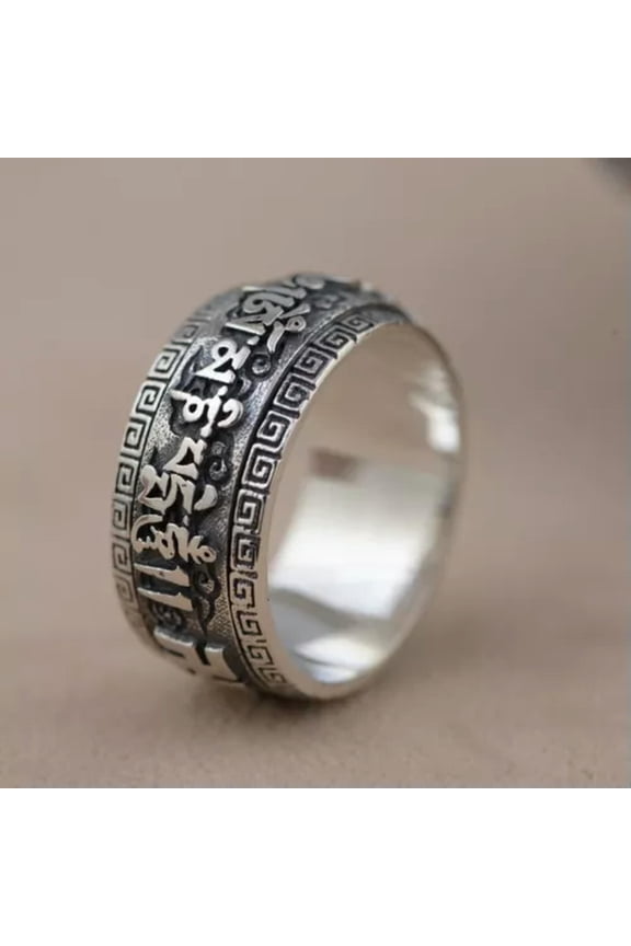 925 Sterling Silver Tibetan Mantra Om Lotus Spinning Band Ring Men A3674-9.5
