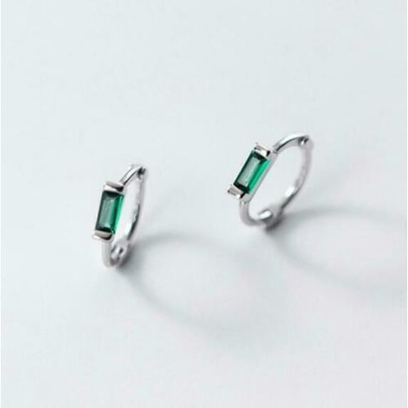 QQTDFG 925 Sterling Silver Tiny Baguette CZ Small Huggie Hoop Earrings A1569-Silver with Green Stone-7mm