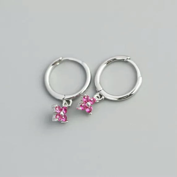 QQTDFG 925 Sterling Silver Tiny CZ Flower Huggie Hoop Dangle Drop Earrings A1248-C - Silver with Pink Stone