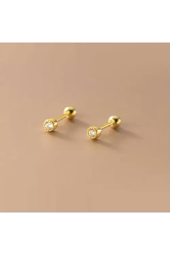 925 Sterling Silver Tiny Round CZ Tragus Helix Screw Back Stud Earrings A4075-Gold