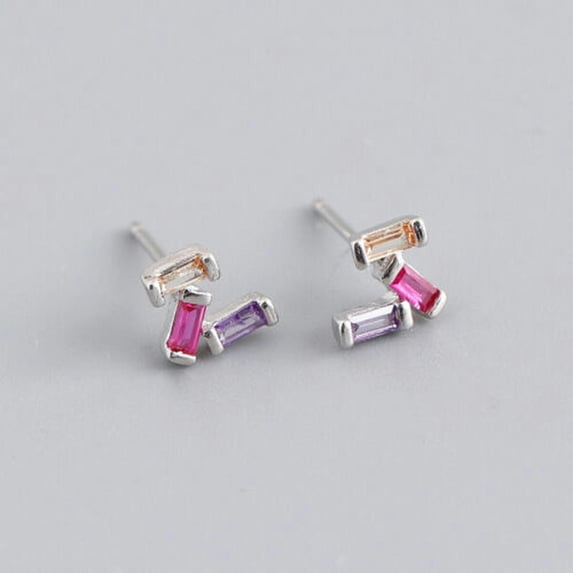 QQTDFG 925 Sterling Silver Triple Baguette CZ Stud Earrings F1144-C - Silver with Triple-color S...