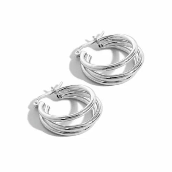 QQTDFG 925 Sterling Silver Triple Circles French Lock Huggie Hoop Earrings F0386-Silver